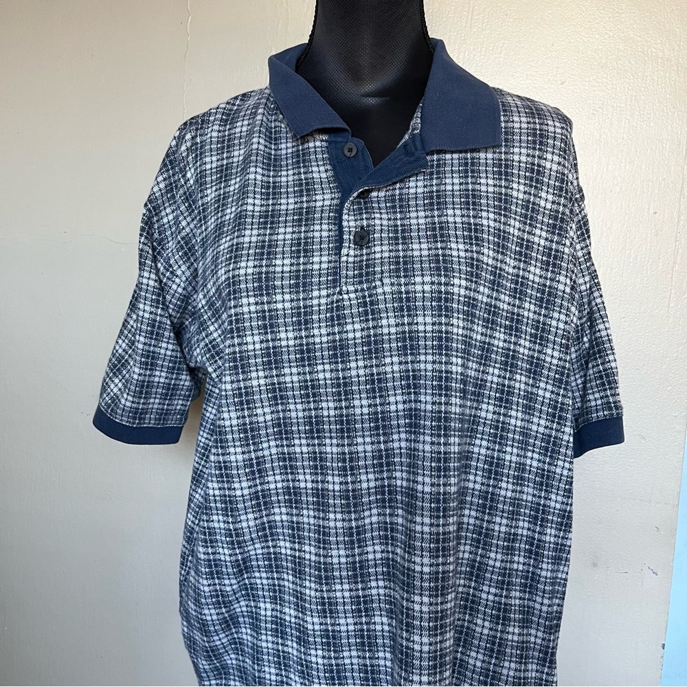 Vintage 90s blue and white preppy plaid polo shirt